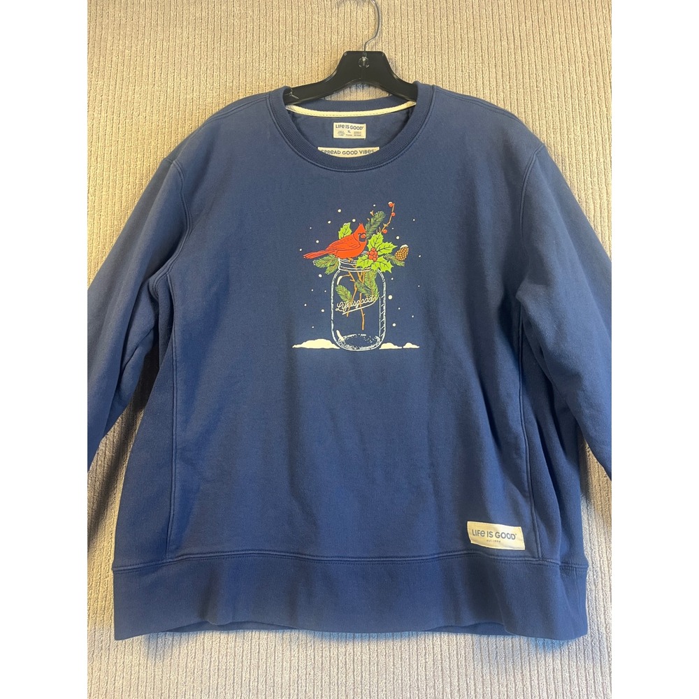 Life is Good Womens Sweatshirt XL Blue Cardinal Christmas Graphic Cotton